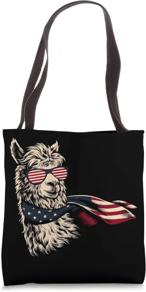 Cool Superhero Alpaca Llama with Sunglasses USA Flag Cape Tote Bag