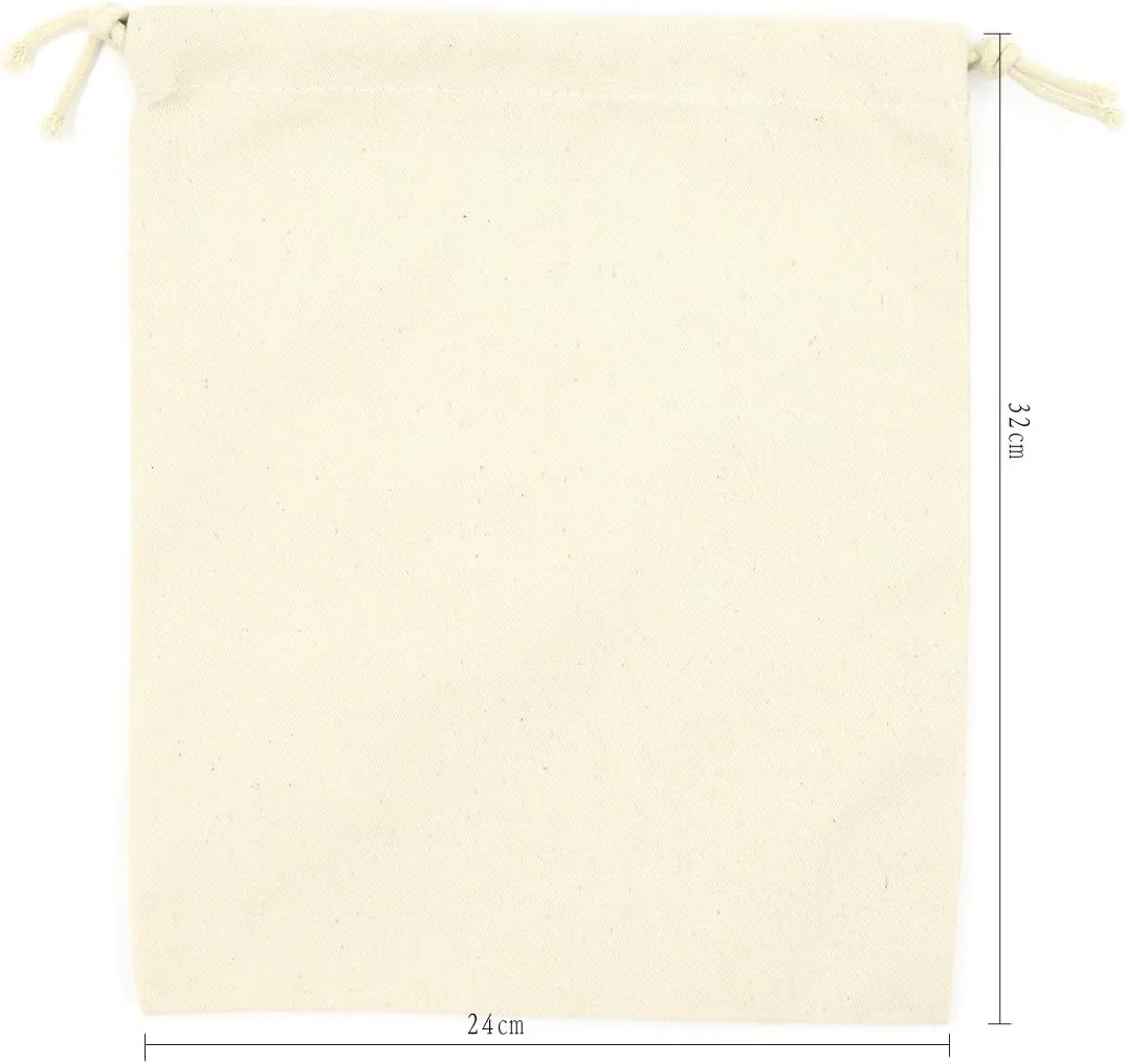Cotton Canvas Muslin Drawstring Bag, Mesh Cloth Bags, Reusable Produce Bags, Gift Bag, Storage Bag, Pack-2, 24x32cm