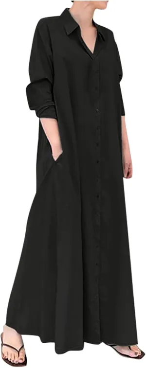 Cotton Linen Dresses for Women,2024 Summer Trendy Lapel Button Down Maxi Dress,Casual Loose Long Sleeve Beach Dress