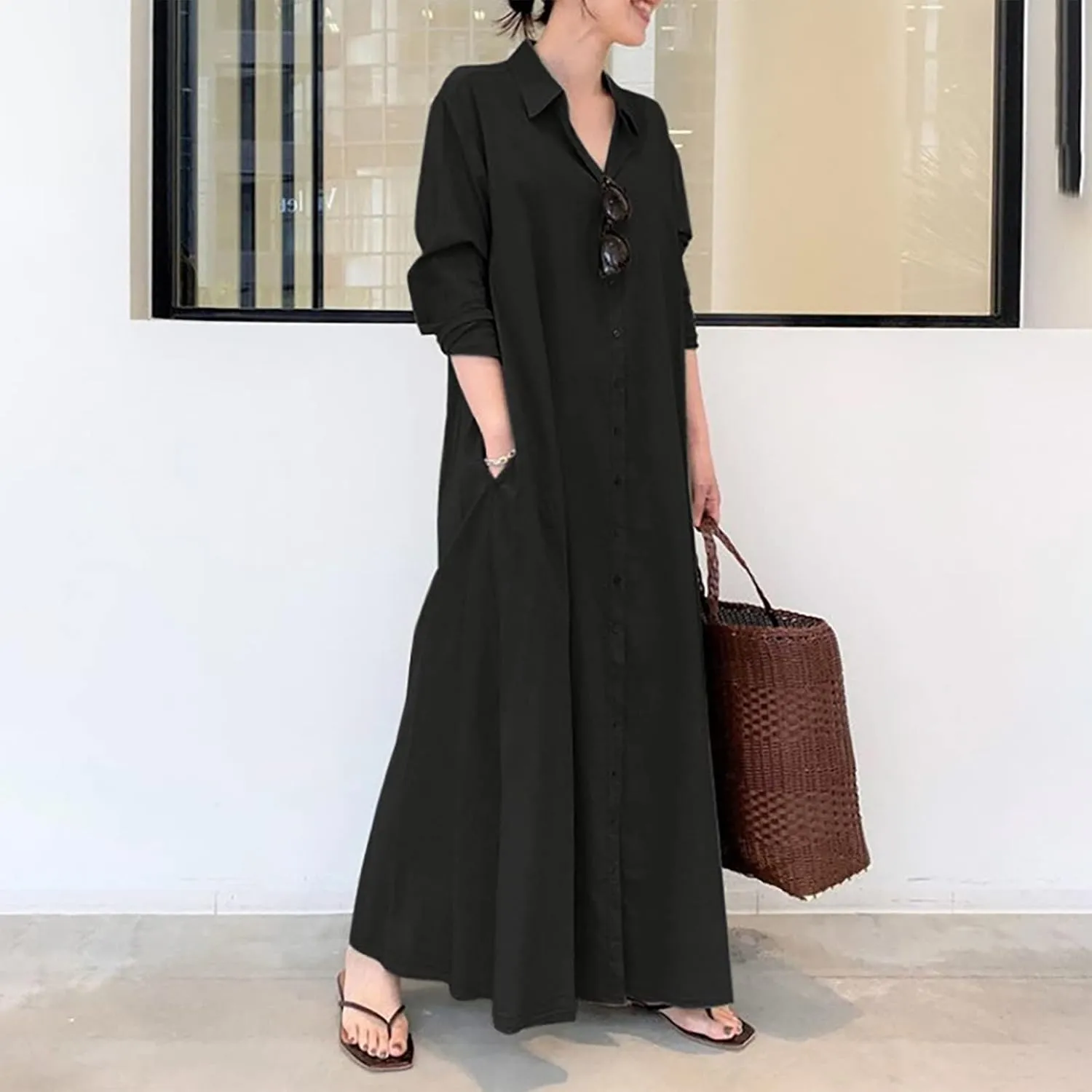 Cotton Linen Dresses for Women,2024 Summer Trendy Lapel Button Down Maxi Dress,Casual Loose Long Sleeve Beach Dress
