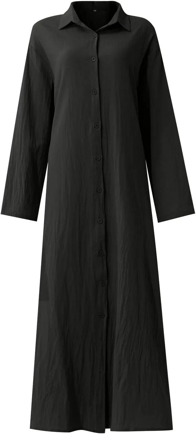 Cotton Linen Dresses for Women,2024 Summer Trendy Lapel Button Down Maxi Dress,Casual Loose Long Sleeve Beach Dress