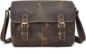 Crazy Horse Leather Shoulder Bag Vintage Crossbody Bag Clamshell Briefcase