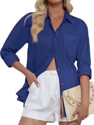 CUNLIN Women's Button Down Shirts Long Sleeve Cotton Summer Beach Wear for Women with Pocket
