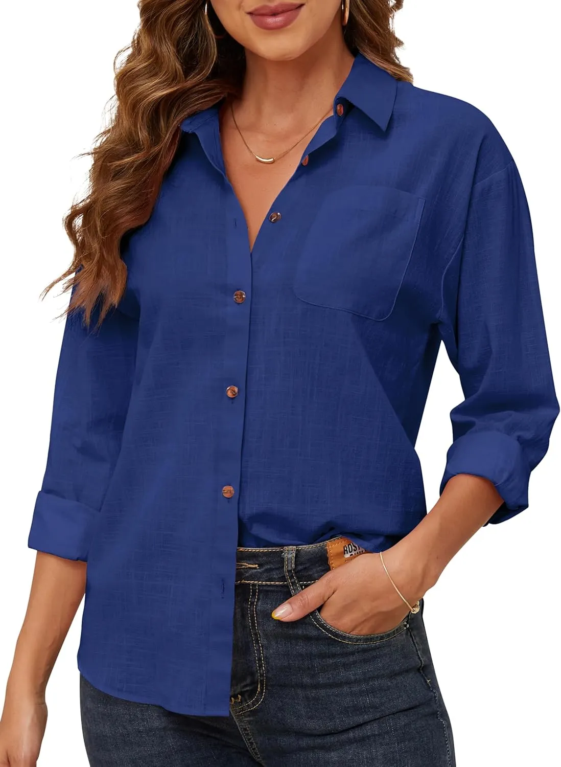 CUNLIN Women's Button Down Shirts Long Sleeve Cotton Summer Beach Wear for Women with Pocket