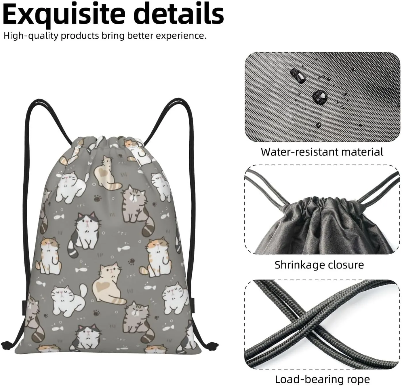 Cute Cats Bags for Women Men Cat Drawstring Backpack Adjustable Bags for Gym,Swimming Beach, Shopping Yoga,Climbing