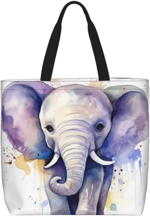 Cute Elephant Watercolor Tote Bag for Women Hobo Handbags with Zipper Large Shoulder Bag Shopping Bags Travel Purse