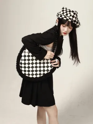 Cute heart shaped girl women's leather satchel crossbody bag purse Y2K purse Aesthetic tote bag (Black and white)