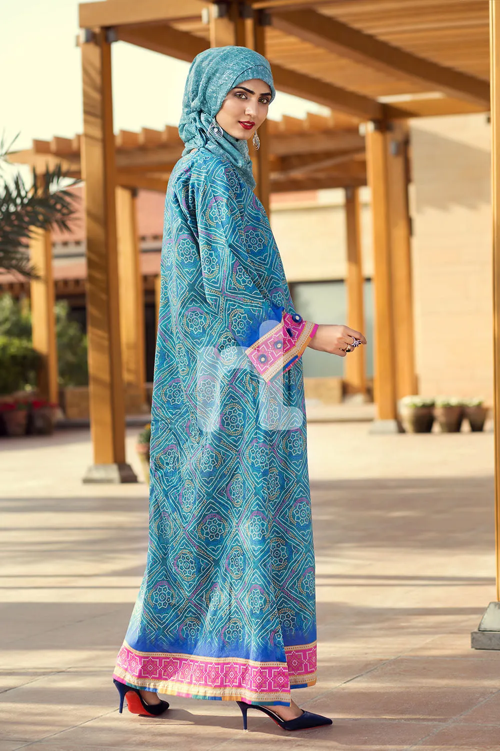 DE19-06 Blue Digital Printed Stitched Cambric Fustaan - 1PC