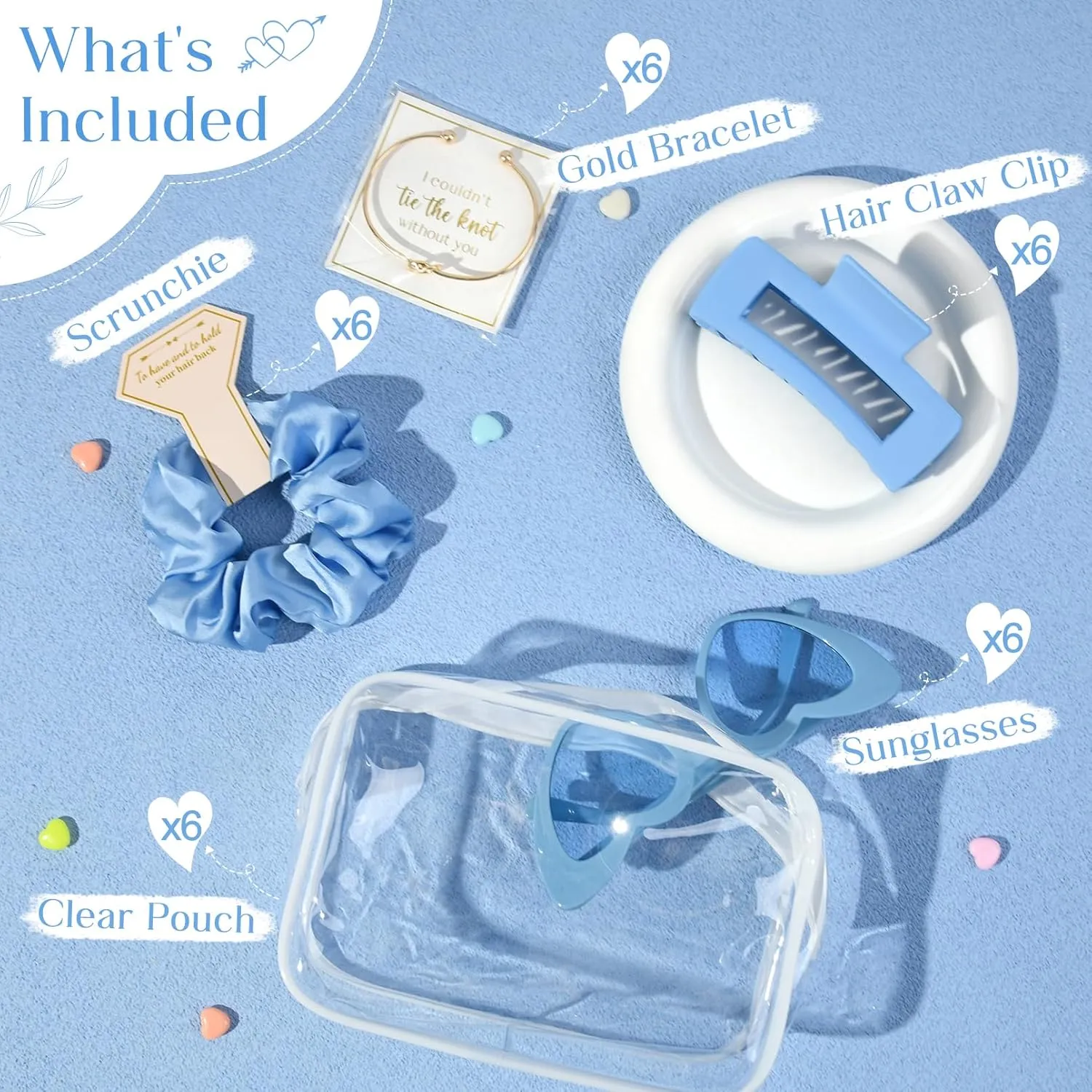 DEEKA 30 Pcs Bridesmaid Proposal Bag Set Gift Clear Makeup Toiletry Bag Bachelorette Party Favors Sunglasses Hair Claw Clips Scrunchies Knot Bracelets Bridal Wedding Party Gifts (Blue)