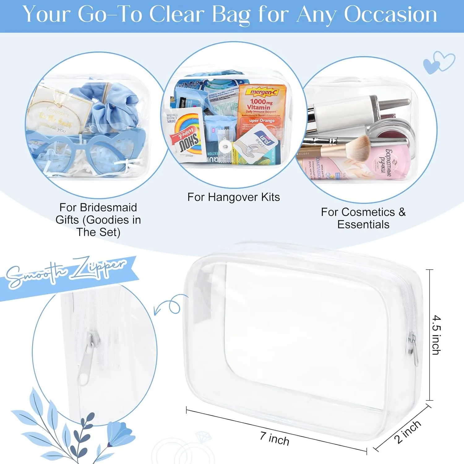 DEEKA 30 Pcs Bridesmaid Proposal Bag Set Gift Clear Makeup Toiletry Bag Bachelorette Party Favors Sunglasses Hair Claw Clips Scrunchies Knot Bracelets Bridal Wedding Party Gifts (Blue)