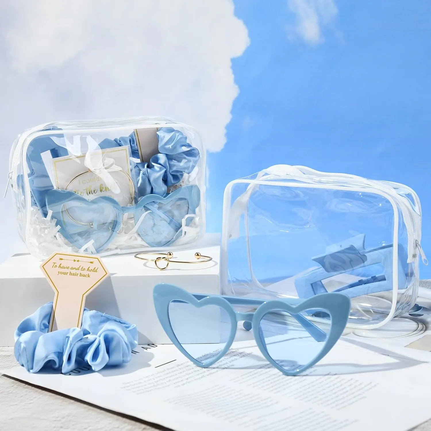DEEKA 30 Pcs Bridesmaid Proposal Bag Set Gift Clear Makeup Toiletry Bag Bachelorette Party Favors Sunglasses Hair Claw Clips Scrunchies Knot Bracelets Bridal Wedding Party Gifts (Blue)
