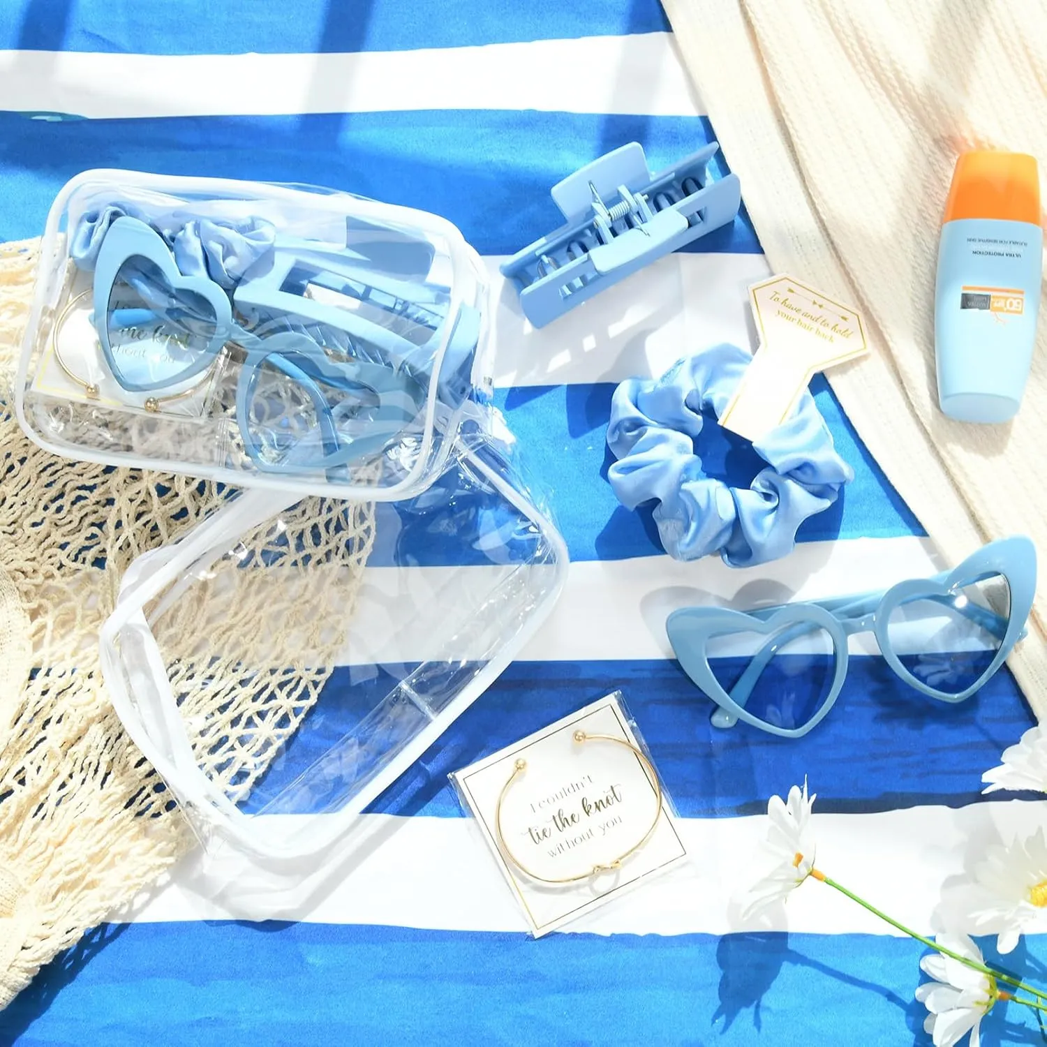 DEEKA 30 Pcs Bridesmaid Proposal Bag Set Gift Clear Makeup Toiletry Bag Bachelorette Party Favors Sunglasses Hair Claw Clips Scrunchies Knot Bracelets Bridal Wedding Party Gifts (Blue)