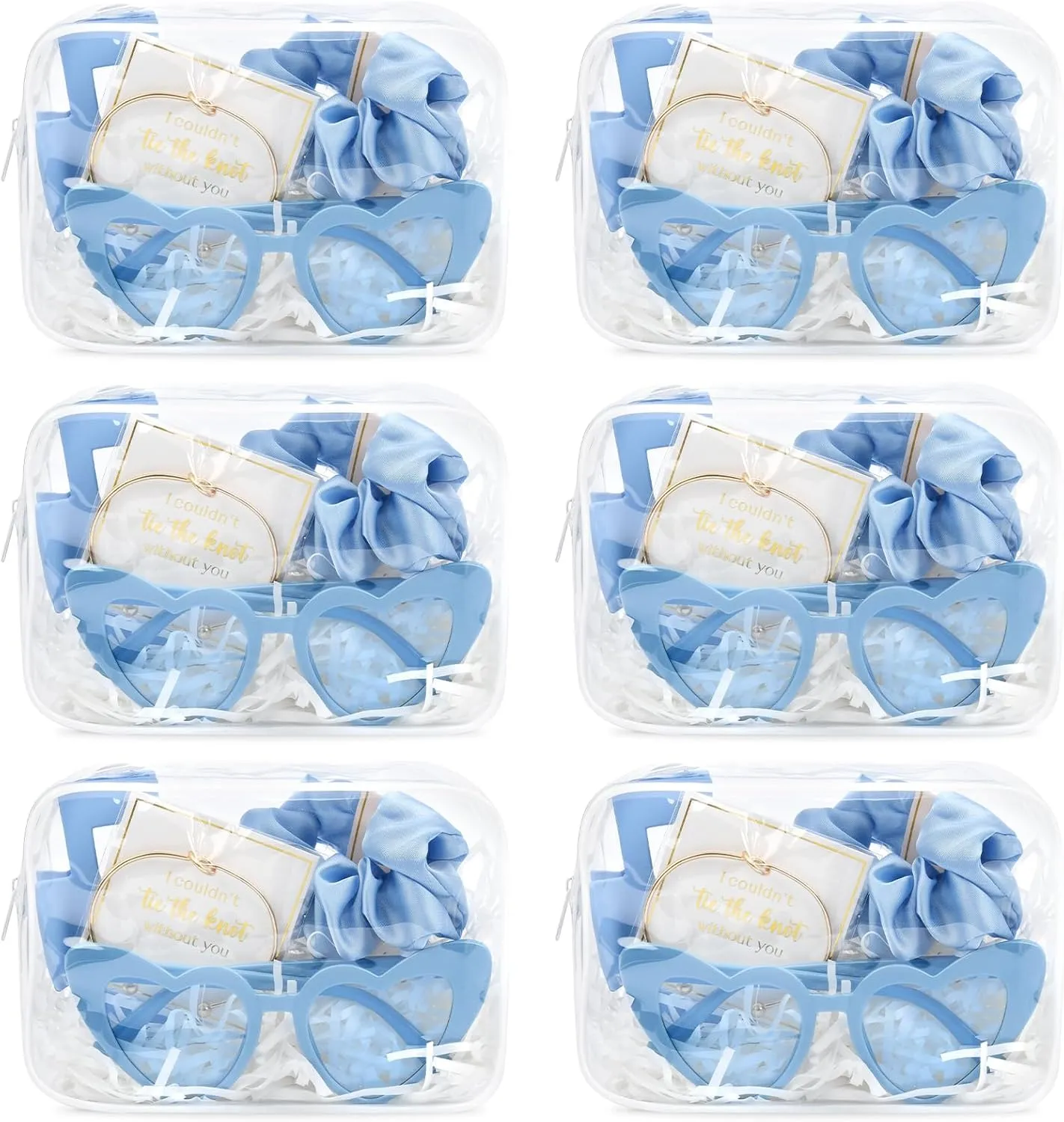 DEEKA 30 Pcs Bridesmaid Proposal Bag Set Gift Clear Makeup Toiletry Bag Bachelorette Party Favors Sunglasses Hair Claw Clips Scrunchies Knot Bracelets Bridal Wedding Party Gifts (Blue)