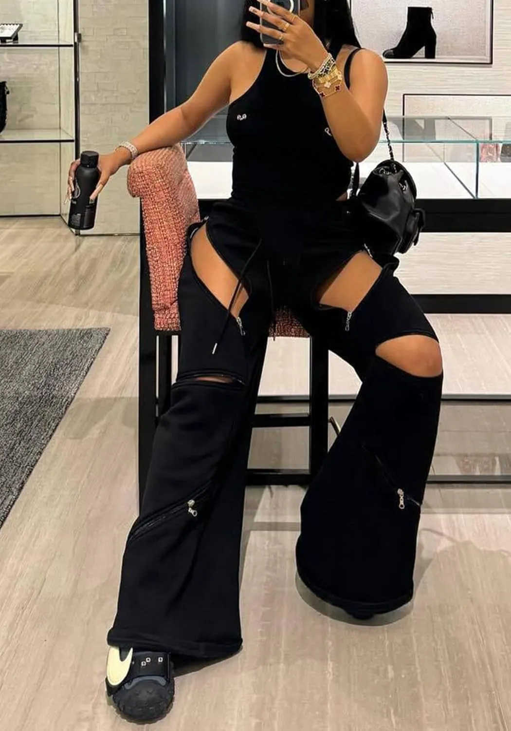 DINGANG Women Wide Leg Baggy Sweatpants High Waisted Flare Pants Y2K Multi Zipper Drawstring Cargo Sweatpant