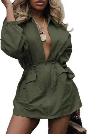 DINGANG Women's Long Sleeve V Neck Fall Casual Mini Dresses A Line Zipper Drawstring Tie Windbreaker Dress
