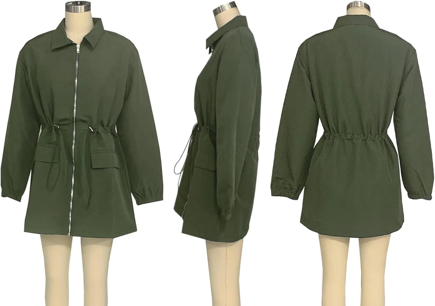 DINGANG Women's Long Sleeve V Neck Fall Casual Mini Dresses A Line Zipper Drawstring Tie Windbreaker Dress