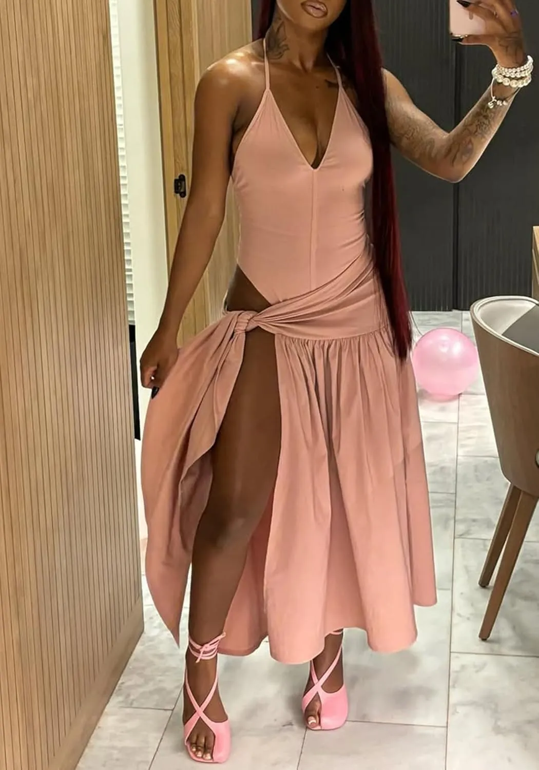 DINGANG Women's Summer 2 Piece Maxi Skirt Sets Halter V Neck Bodysuit High Split Cutout Cover Up Beach Outfits