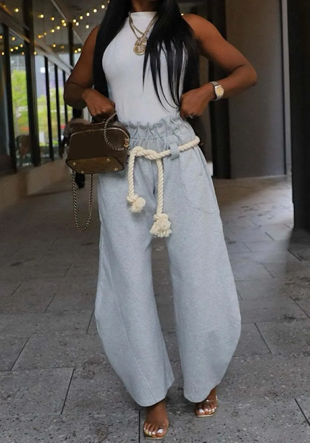 DINGANG Womens Wide Leg Barrel Sweatpant Baggy Elastic Waisted Harem Joggers Pants with Belt