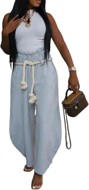 DINGANG Womens Wide Leg Barrel Sweatpant Baggy Elastic Waisted Harem Joggers Pants with Belt