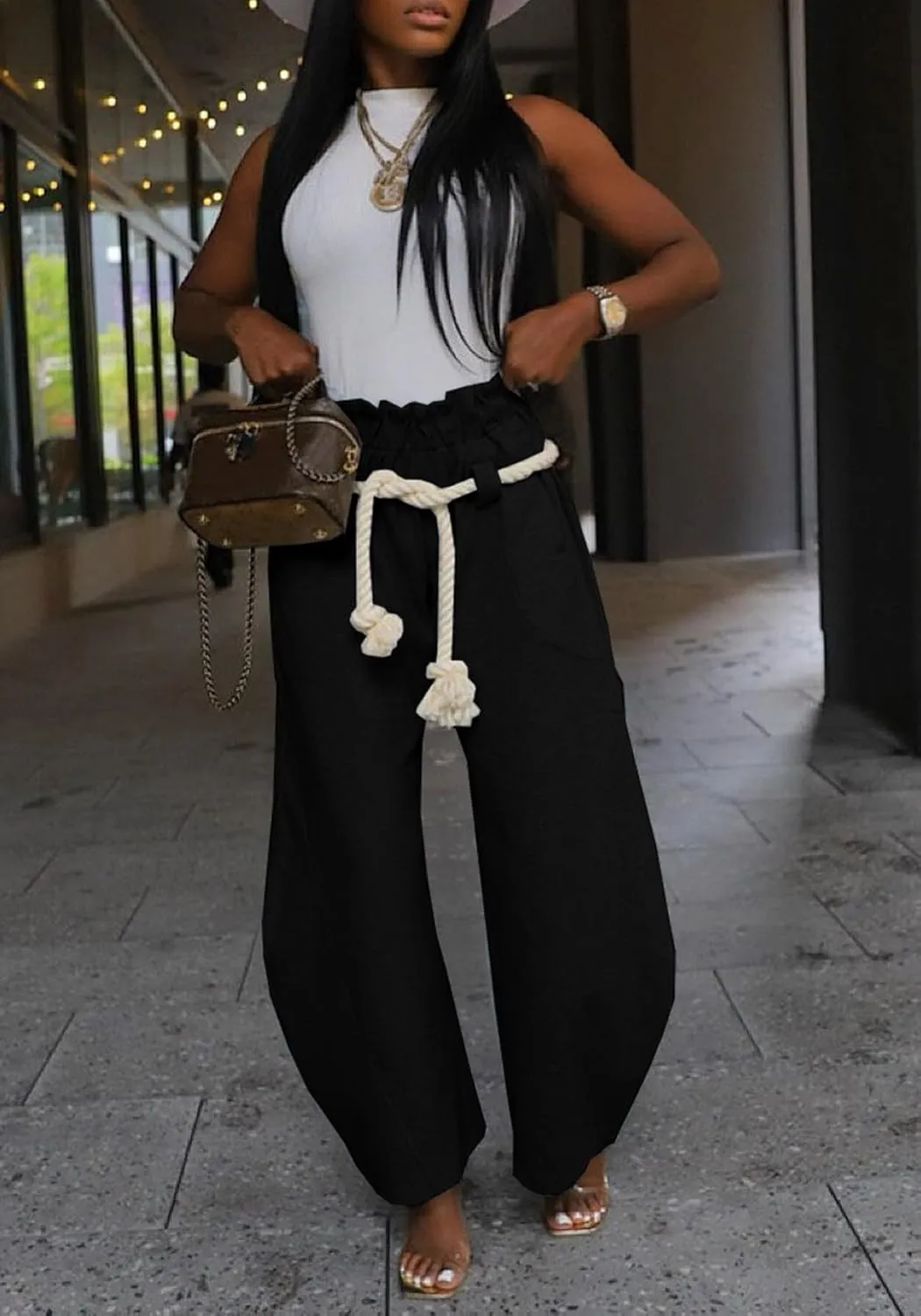 DINGANG Womens Wide Leg Barrel Sweatpant Baggy Elastic Waisted Harem Joggers Pants with Belt