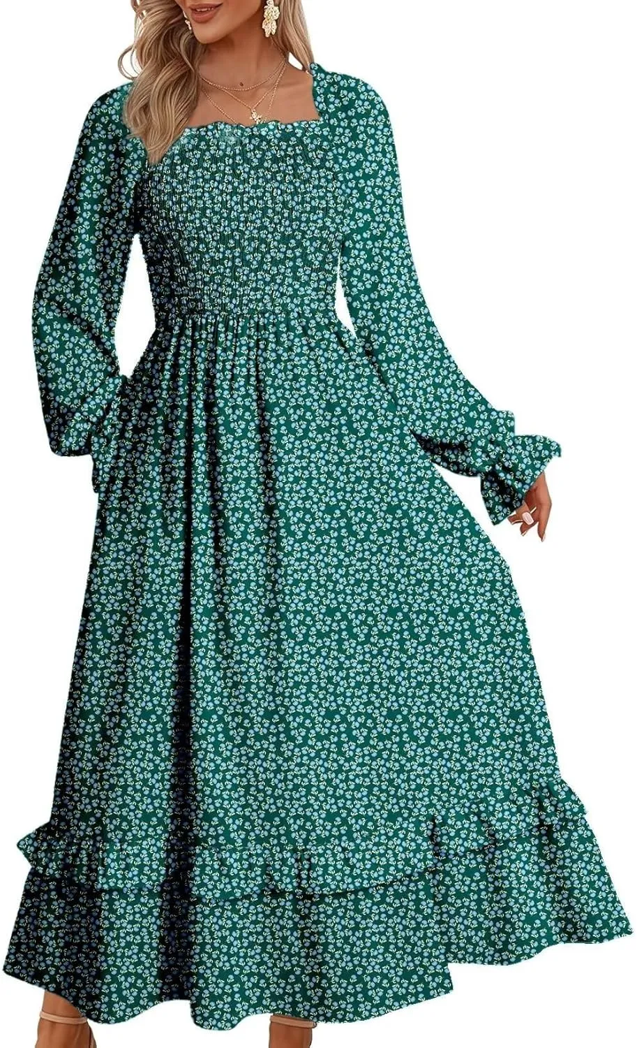 Dokotoo Spring Dresses for Women Casual Floral Square Neck Long Sleeve Smocked Elastic Waist Tiered Ruffle Hem Maxi Dress