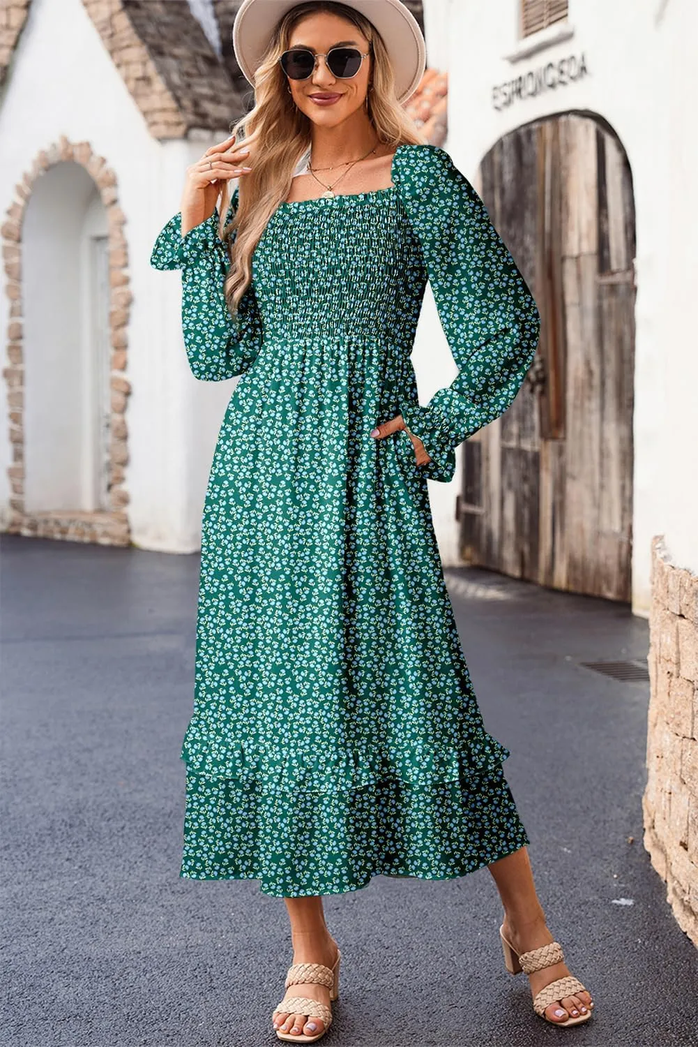 Dokotoo Spring Dresses for Women Casual Floral Square Neck Long Sleeve Smocked Elastic Waist Tiered Ruffle Hem Maxi Dress