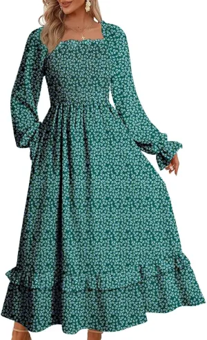 Dokotoo Spring Dresses for Women Casual Floral Square Neck Long Sleeve Smocked Elastic Waist Tiered Ruffle Hem Maxi Dress