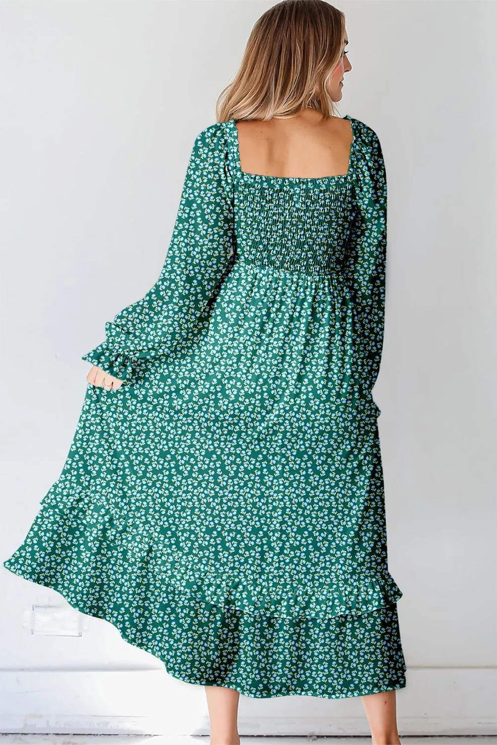 Dokotoo Spring Dresses for Women Casual Floral Square Neck Long Sleeve Smocked Elastic Waist Tiered Ruffle Hem Maxi Dress