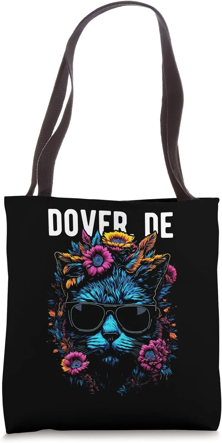 Dover Delaware USA Cat Wearing Sunglasses and Flowers Design Tote Bag
