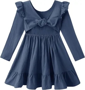 Dutebare Toddler Girls Swing Dress Linen Backless Tie Back Ruffle Hem Kid Casual Beach Dresses