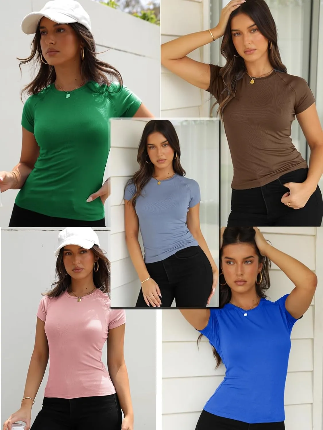 Dwnval Womens Basic Summer Short Sleeve Crewneck T Shirt Raglan Ribbed Knitted Slim Fit Casual Going Out Tops