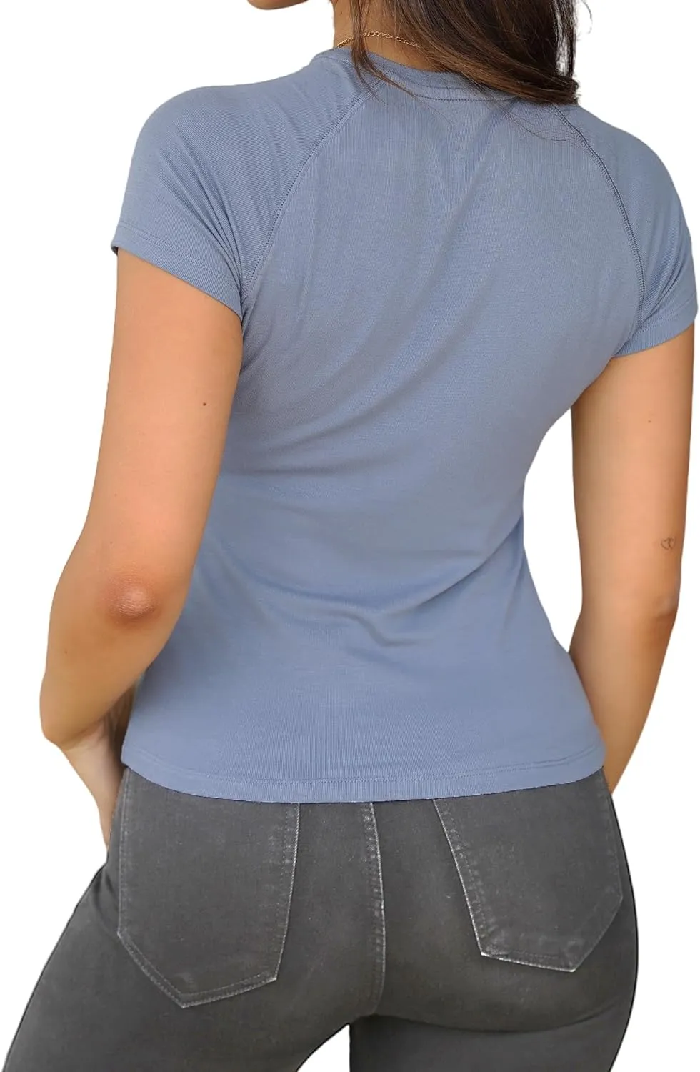 Dwnval Womens Basic Summer Short Sleeve Crewneck T Shirt Raglan Ribbed Knitted Slim Fit Casual Going Out Tops