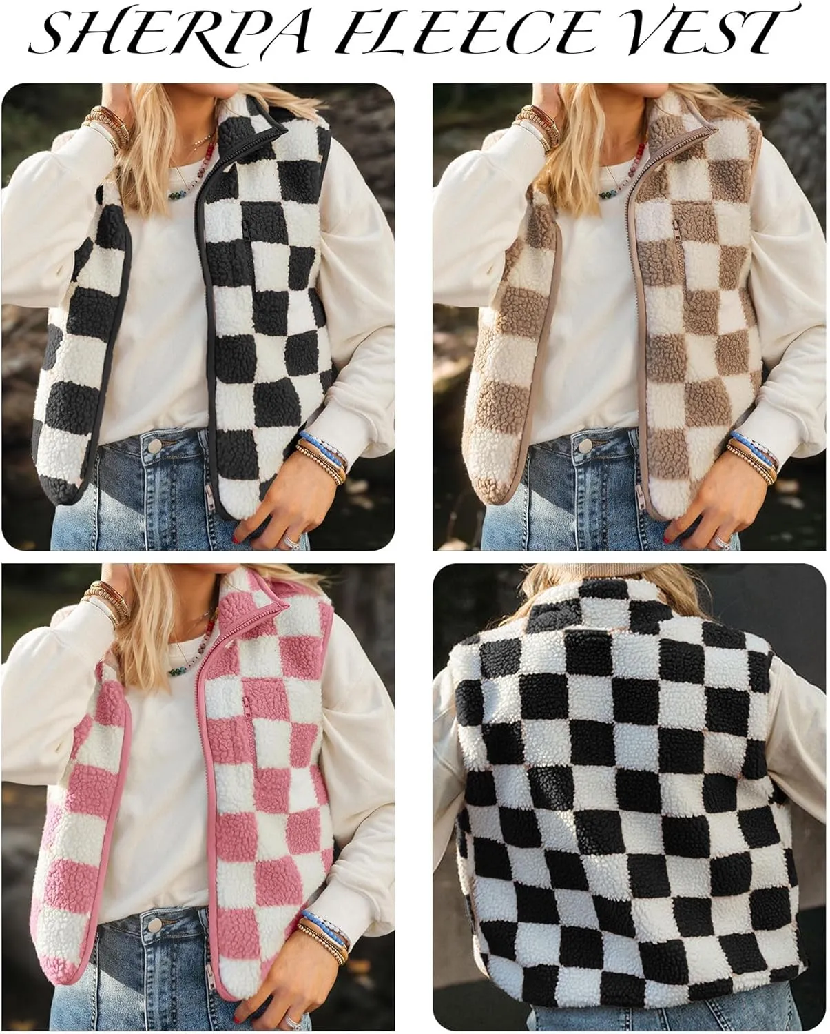 EARKOHA Womens Winter Sleeveless Fleece Top Casual Collar Khaki Checkered Sherpa Collared Jacket Vest
