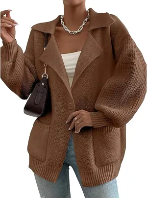 ebossy Women's Trendy Y2K Sweater Long Lantern Sleeve Shawl Lapel Button Baggy Loose Cable Knit Cardigan Outwear