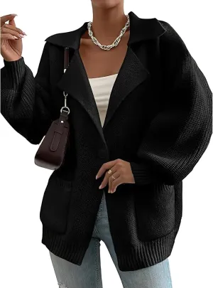 ebossy Women's Trendy Y2K Sweater Long Lantern Sleeve Shawl Lapel Button Baggy Loose Cable Knit Cardigan Outwear