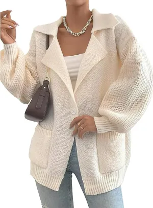 ebossy Women's Trendy Y2K Sweater Long Lantern Sleeve Shawl Lapel Button Baggy Loose Cable Knit Cardigan Outwear