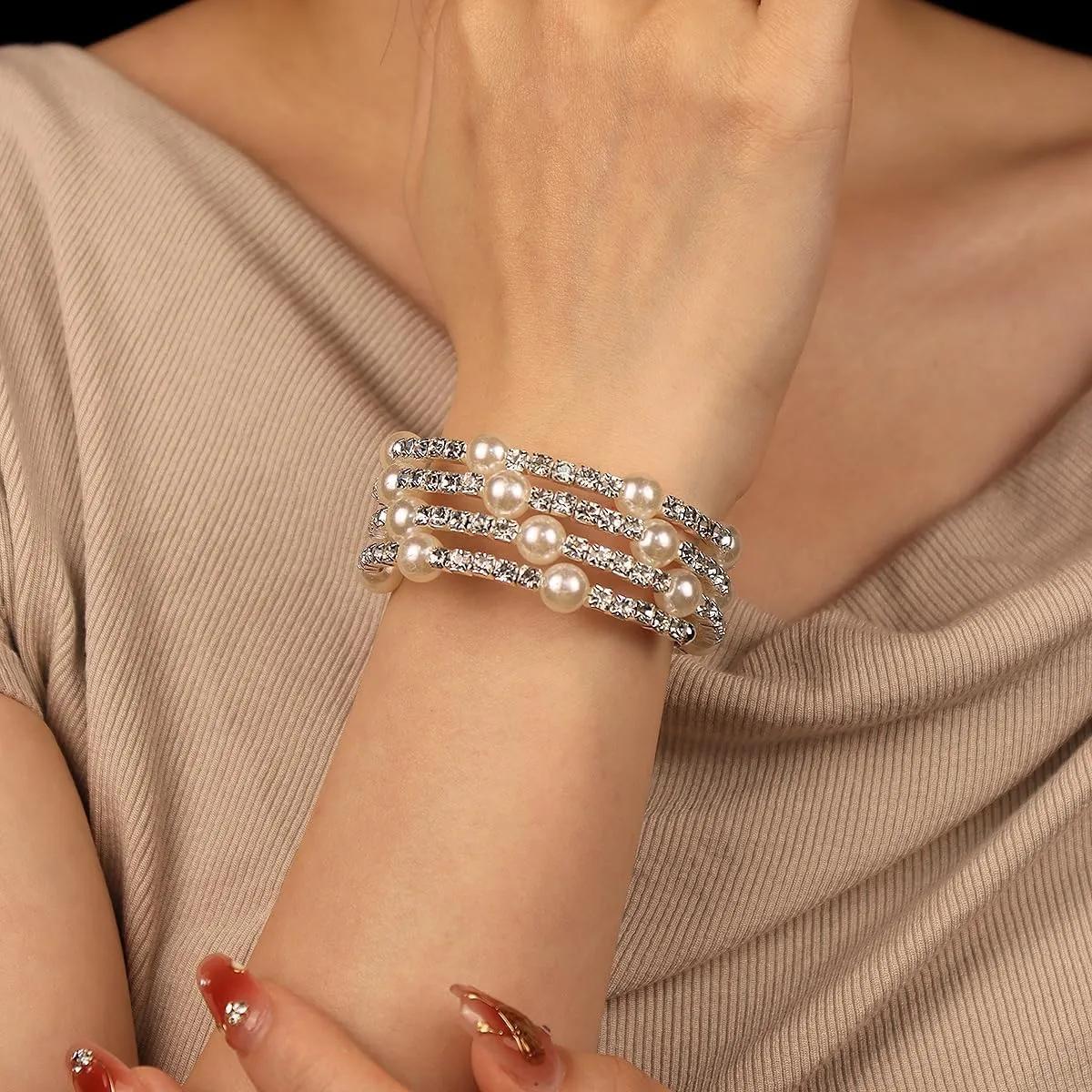 Elegant Multi-Layered Rhinestone and Pearl Cuff Bracelet Baroque Inspired Bridal Wristlet Bangle Wedding Birthday Statement Jewelry Gift for Women