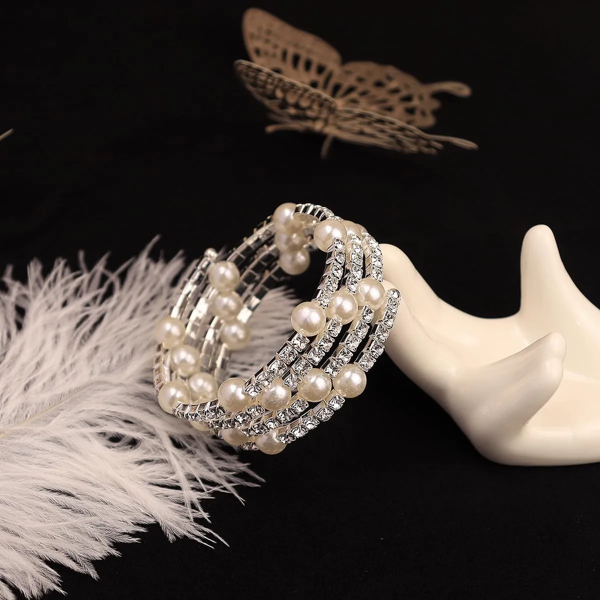 Elegant Multi-Layered Rhinestone and Pearl Cuff Bracelet Baroque Inspired Bridal Wristlet Bangle Wedding Birthday Statement Jewelry Gift for Women