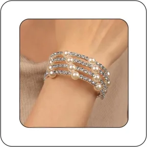 Elegant Multi-Layered Rhinestone and Pearl Cuff Bracelet Baroque Inspired Bridal Wristlet Bangle Wedding Birthday Statement Jewelry Gift for Women
