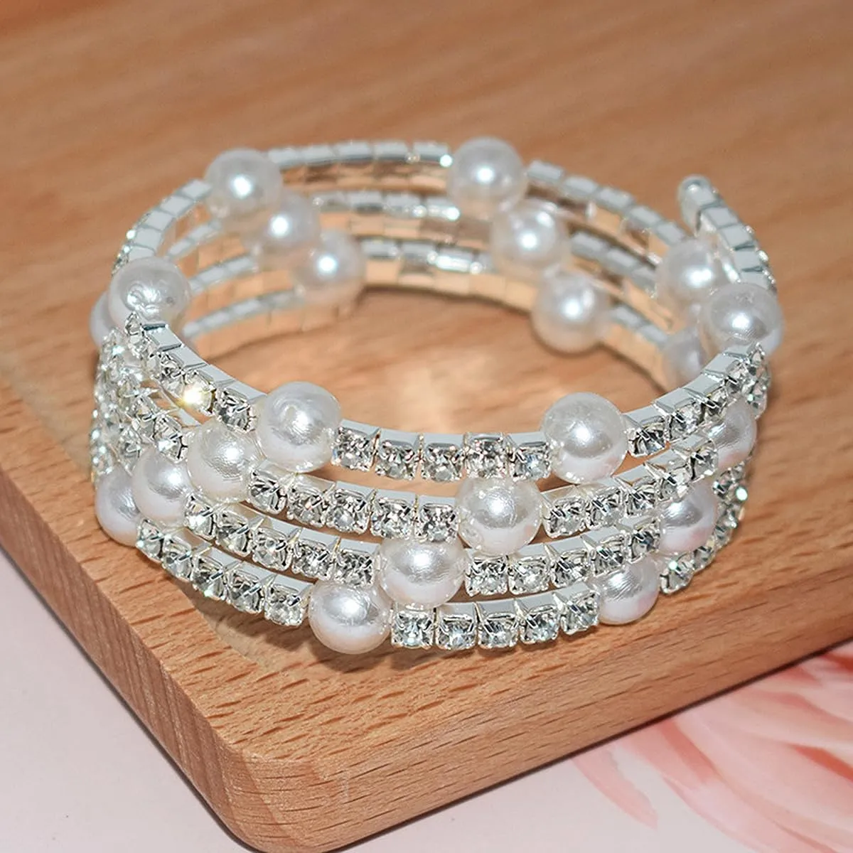 Elegant Multi-Layered Rhinestone and Pearl Cuff Bracelet Baroque Inspired Bridal Wristlet Bangle Wedding Birthday Statement Jewelry Gift for Women