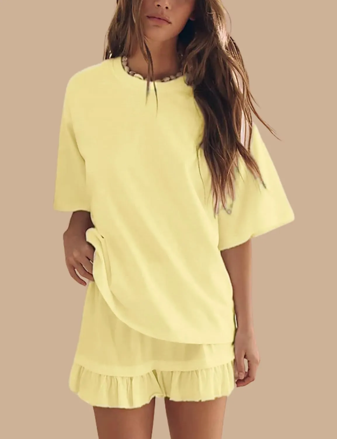Esmeling Women Summer 2 Piece Skirt Sets Round Neck Short Sleeve Outfits Casual Tops and Pleated Skirts Sets