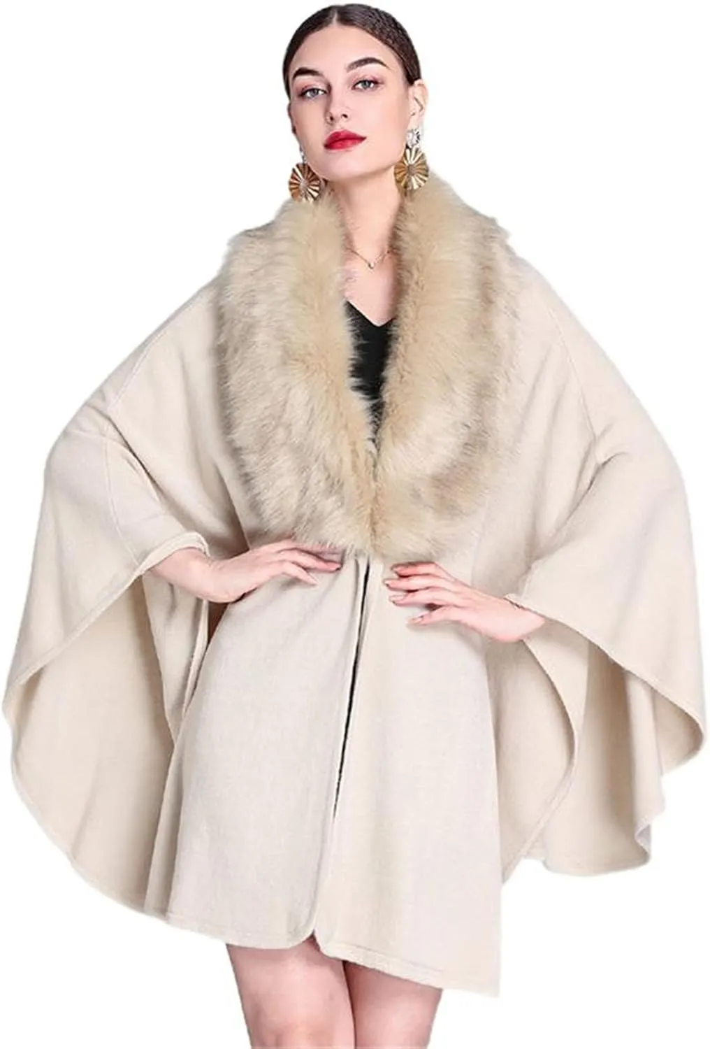 European and American Autumn and Winter Collar Shawl Cape Mid-Length Knitted Cardigan Cloak Coat
