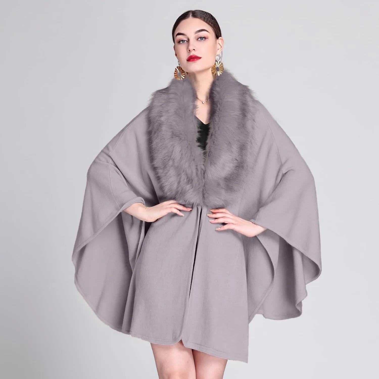 European and American Autumn and Winter Collar Shawl Cape Mid-Length Knitted Cardigan Cloak Coat