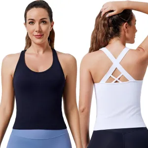 Evercute Workout Yoga Crop Tank Tops for Women 1/2/3 Pack Criss Cross Strappy Tops with Built in Bra Ribbed Seamless Tanks