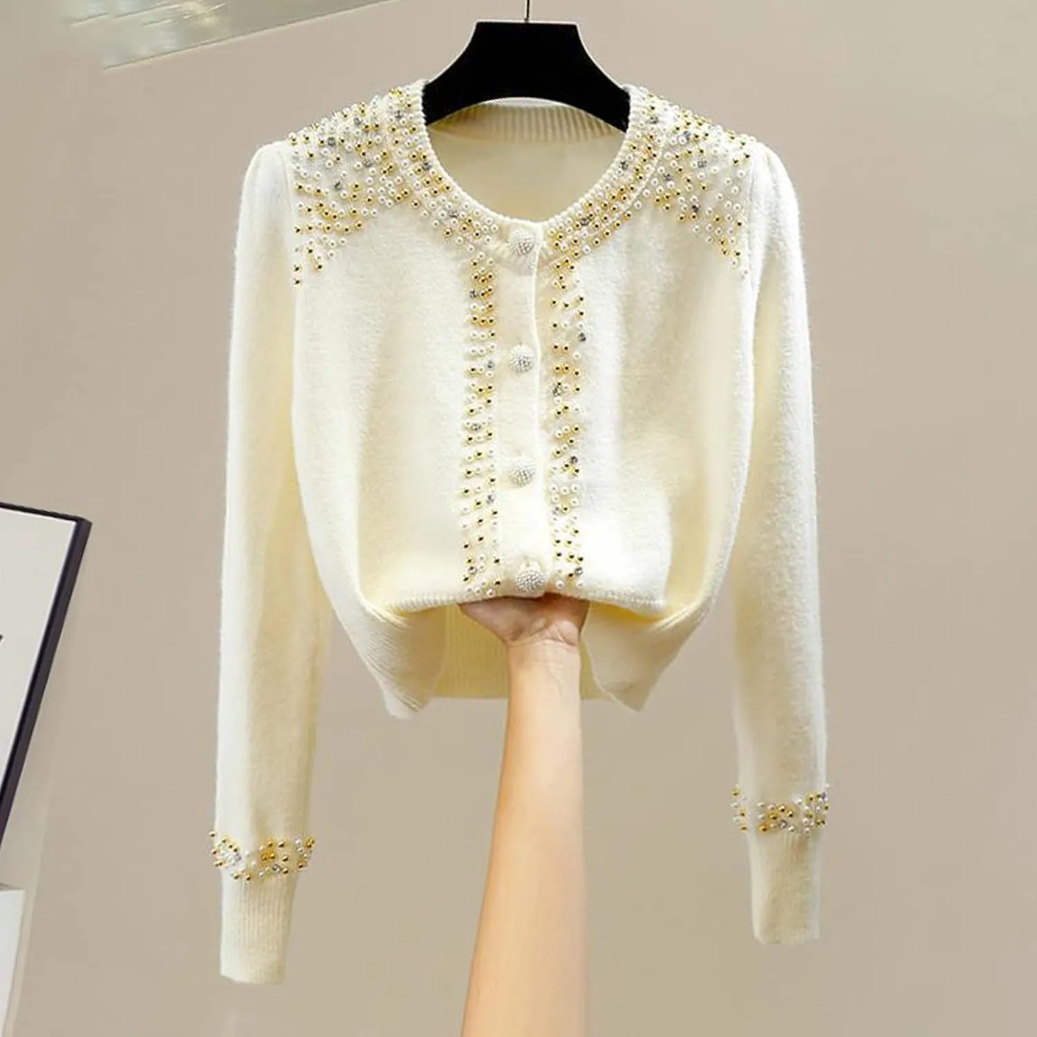 FindThy Womens Casual Pearl Beaded Cardigan Button Up Long Sleeve Slim Fit Cardigans Sweaters