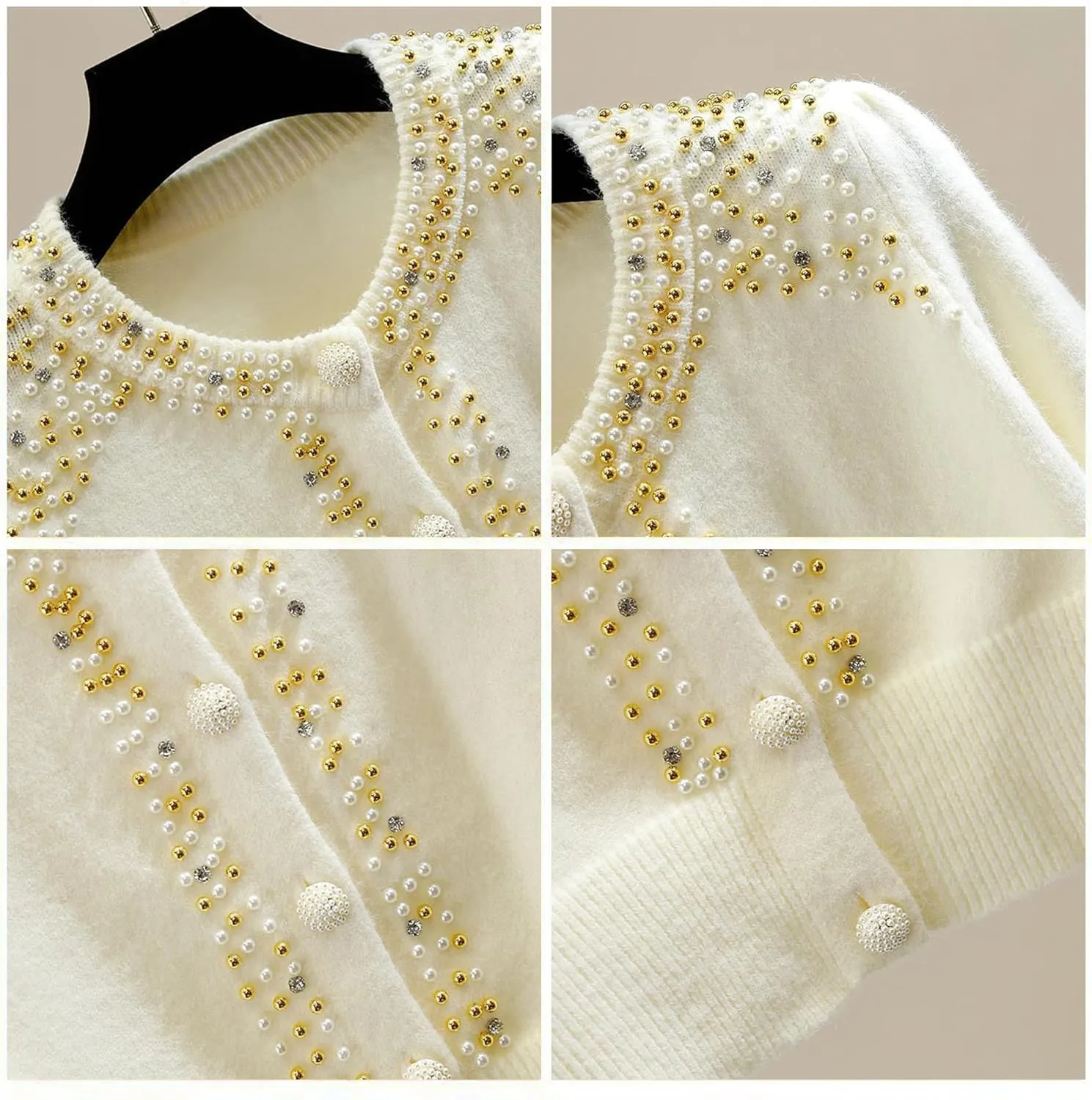 FindThy Womens Casual Pearl Beaded Cardigan Button Up Long Sleeve Slim Fit Cardigans Sweaters