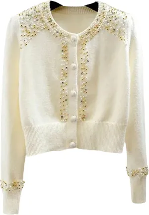 FindThy Womens Casual Pearl Beaded Cardigan Button Up Long Sleeve Slim Fit Cardigans Sweaters