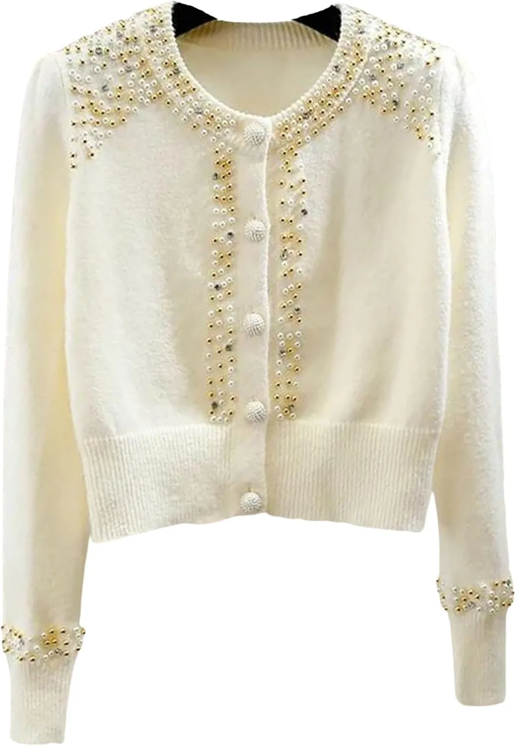 FindThy Womens Casual Pearl Beaded Cardigan Button Up Long Sleeve Slim Fit Cardigans Sweaters