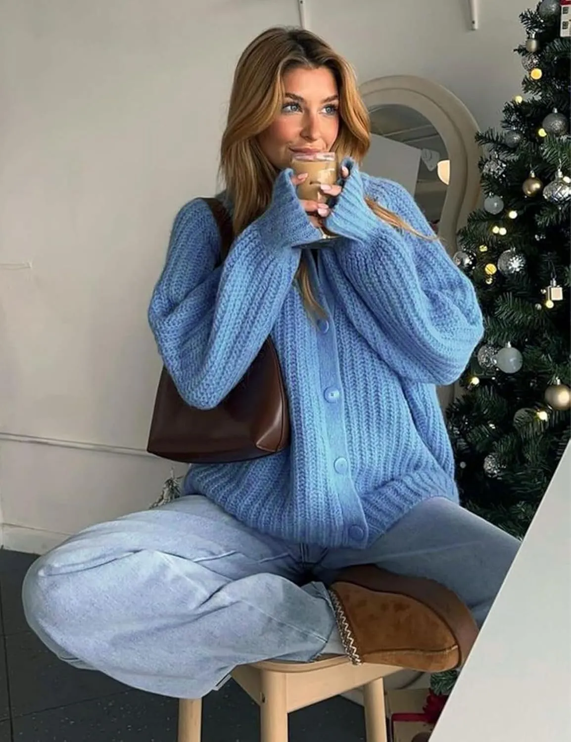FindThy Womens Chunky Knit Cardigan Long Sleeve Button Down Crewneck Fall Sweater Coat