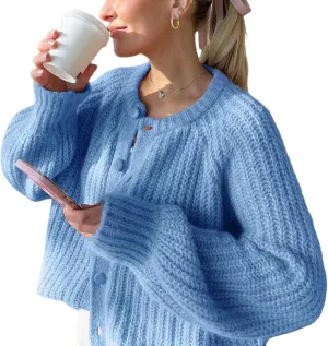 FindThy Womens Chunky Knit Cardigan Long Sleeve Button Down Crewneck Fall Sweater Coat